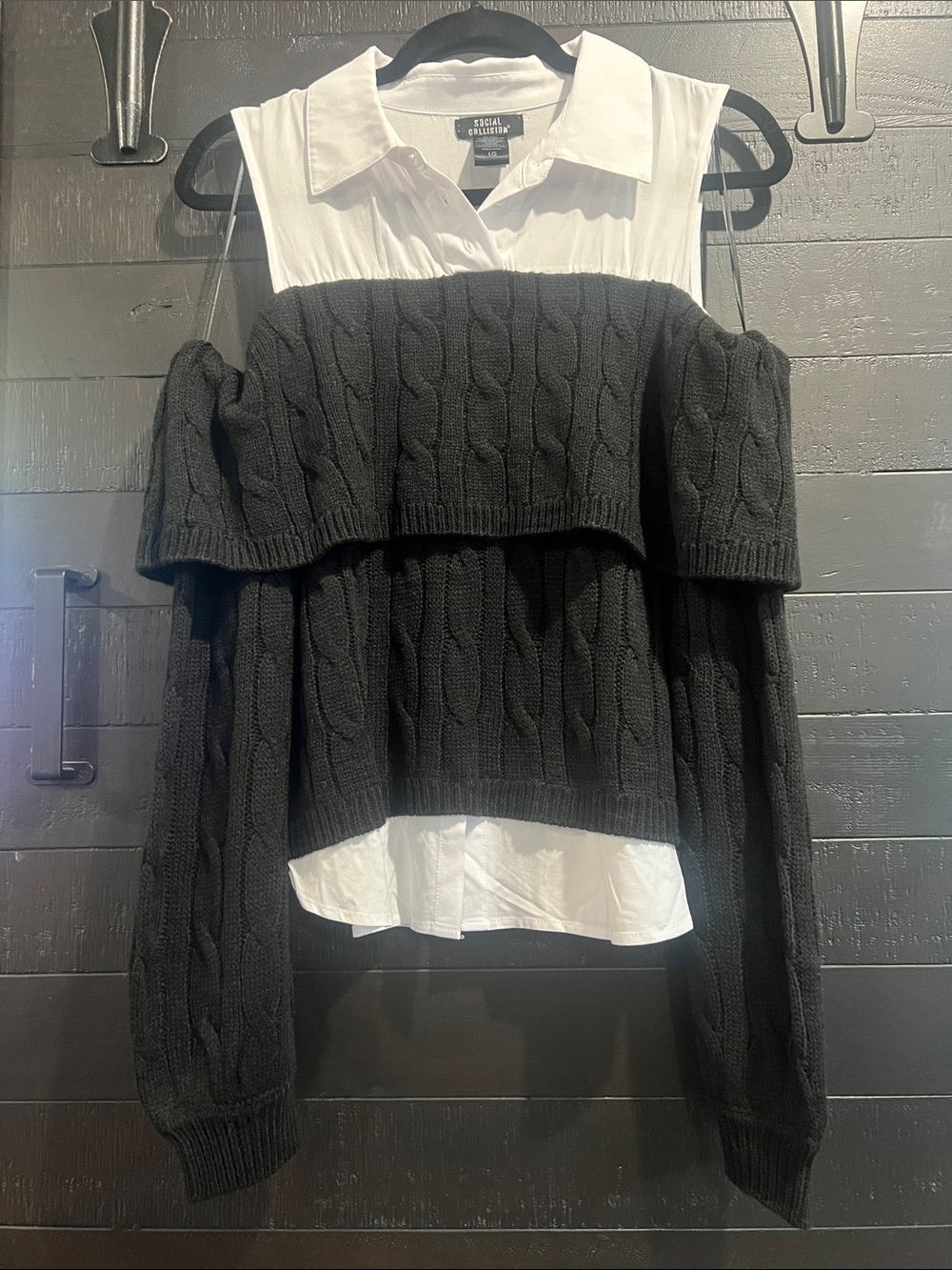 Black Cable-Knit Off-Shoulder Sweater with White Shirt Detail